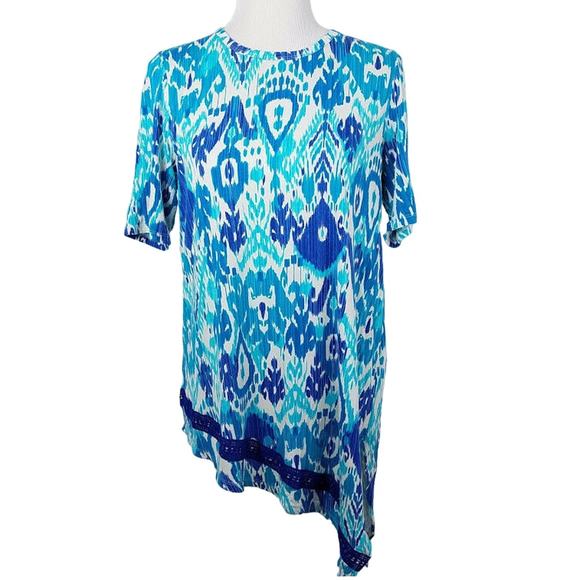 Chicos Top Asymmetrical Crochet-Hem Ikat Tunic Turquoise Blue Size 1 Medium - Picture 1 of 11